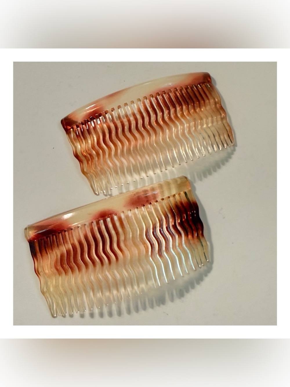 1950’s Vintage French Wavy Tortoiseshell Hair Combs, Pair, Mid Century, Unworn